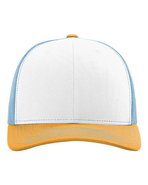yellow white and light blue hat