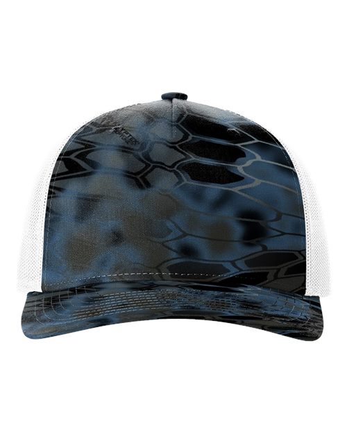 black and blue design with white hat