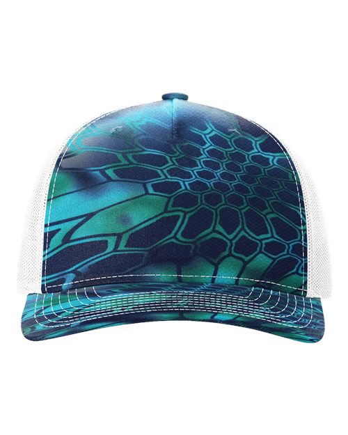 blue design and white hat