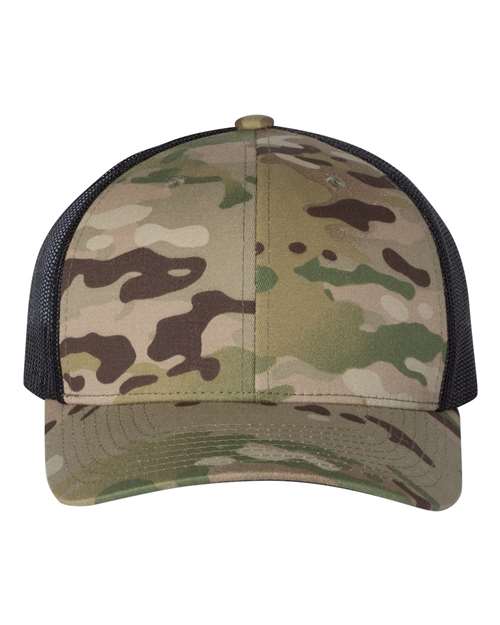 brown camo and black hat