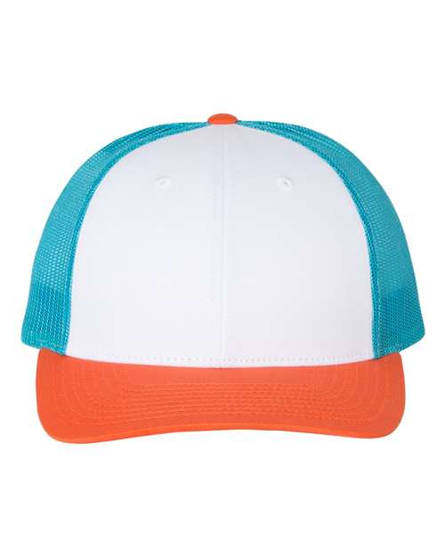 orange white and blue hat