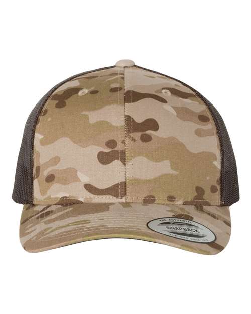brown camo and black hat