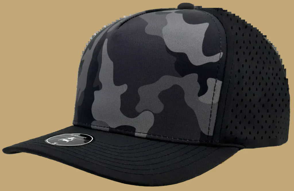 Black and gray camouflage baseball cap with a brand logo on a white background