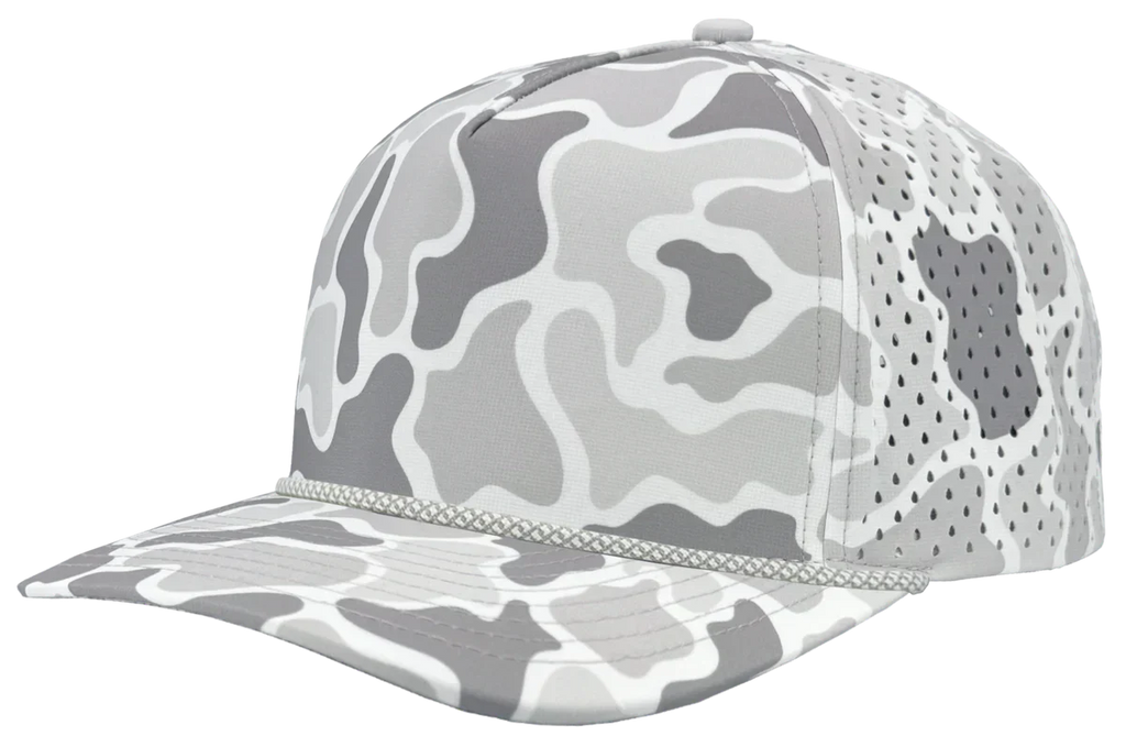 Gray camouflage baseball cap with mesh back on a white background