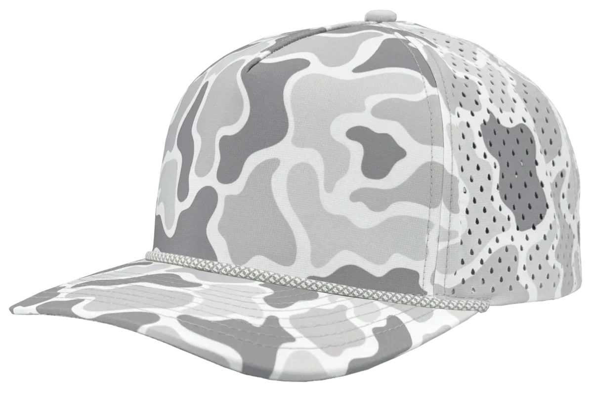 Gray camouflage baseball cap with mesh back on a white background